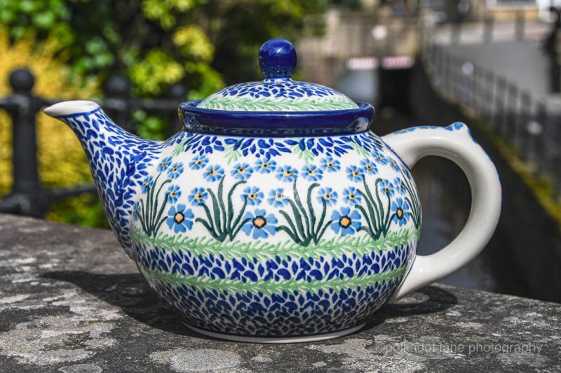 White Flower on Blue Teapot from Polkadot Lane UK Polish Pottery shop