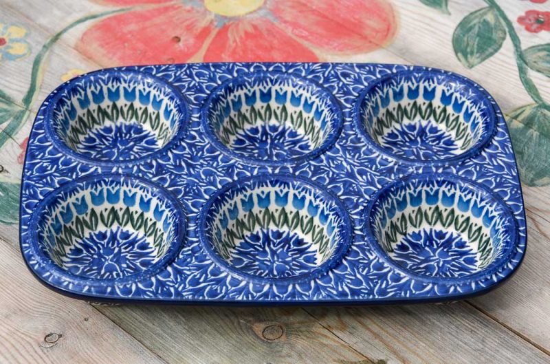 Polish Pottery Blue Tulip Yorkshire Pudding Dish by Ceramika Artystyczna