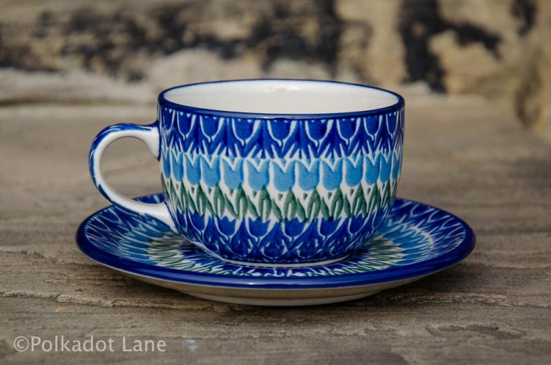 Blue Tulip Cup and Saucer Polkadot Lane Polish Pottery