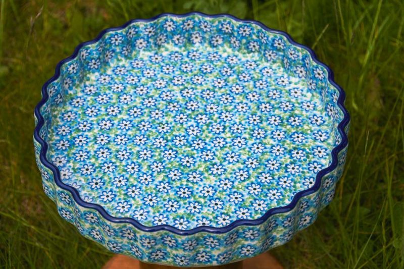 Polish Pottery Turquoise Daisy Flan Dish bt Ceramika Artystyczna