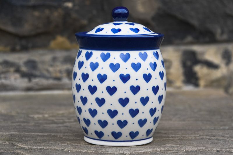 Polish Pottery Small Storage Container Blue Hearts pattern.