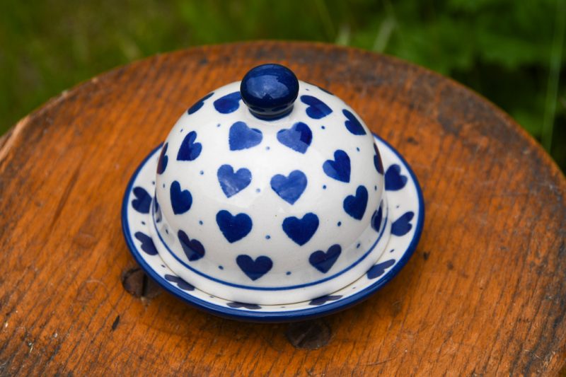 Polish Pottery Butter Bell Blue Hearts pattern
