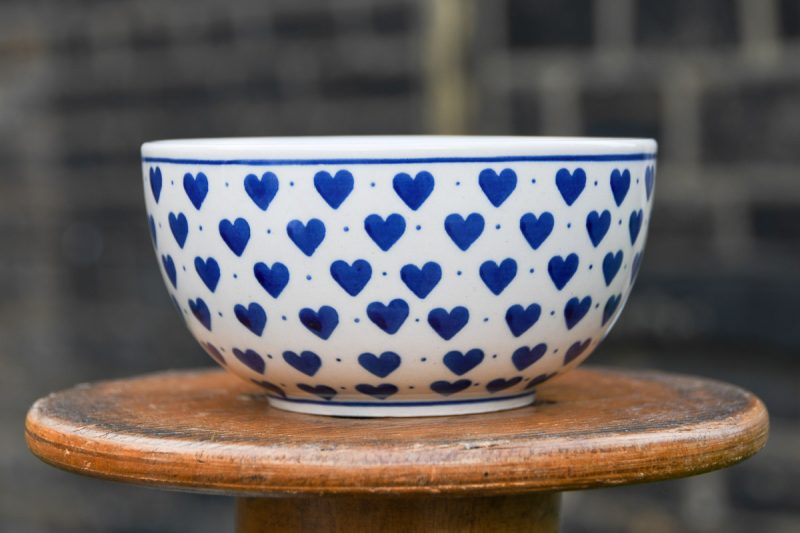 Polish Pottery Blue Hearts Pattern Cereal Bowl by Ceramika Artystyczna