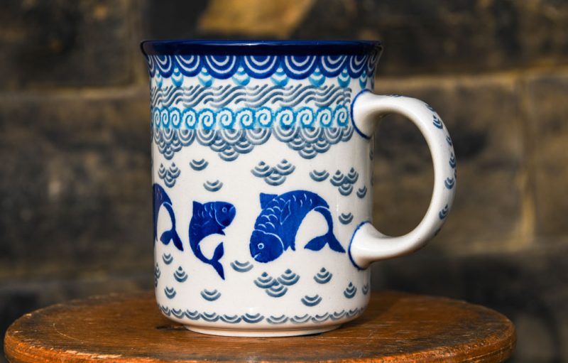 Polish Pottery Leaping Fish pattern Large Tea Mug by Ceramika Manufaktura.