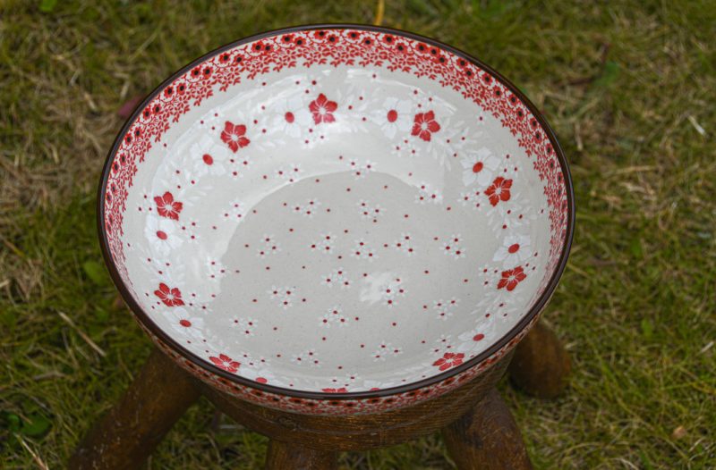 Polish Pottery Salad Bowl Red and White Flowers