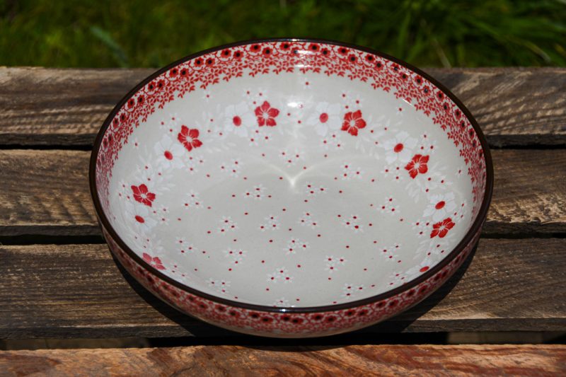 Polish Pottery Salad Bowl Red and White Flowers by Ceramika Artystyczna