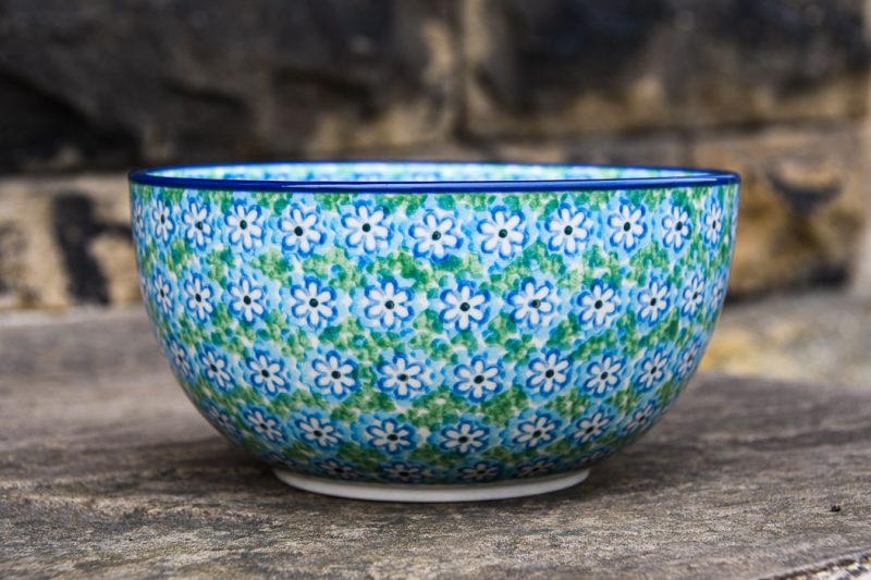Polish Pottery Turquoise Daisy Large Cereal Bowl by Ceramika Artystyczna.
