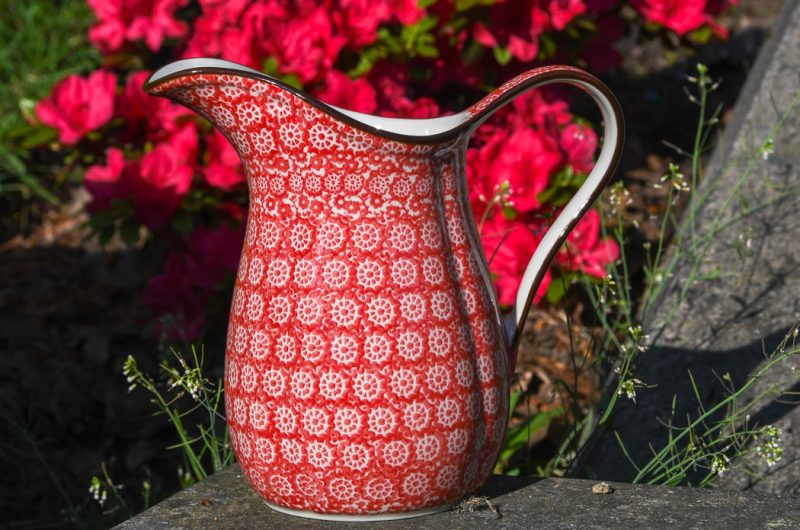 Polish Pottery Red Pinwheel Pattern medium Spout Jug by Ceramika Artystyczna.
