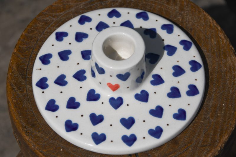 Polish Pottery Candle Holder Red Heart Pattern by Ceramika Artystyczna.