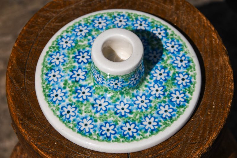 Polish Candle Holder Turquoise Daisy pattern by Ceramika Artystyczna