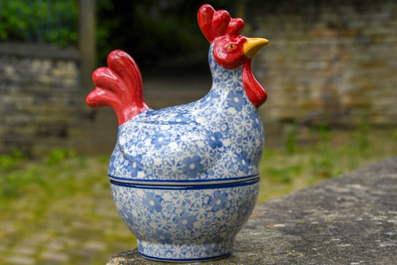 Polish Pottery Dusky Blue Flowers Hen on Nest small Egg Container.