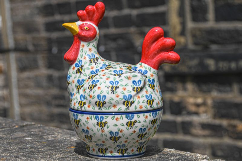Polish Pottery Hen on Nest egg container Bee pattern by Ceramika Artystyczna