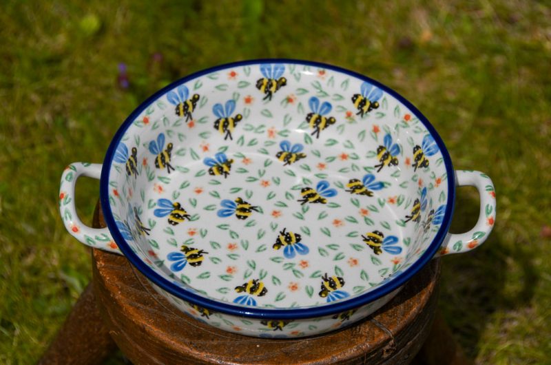 Polish Pottery Small Round Serving Dish with handles Bee pattern by Ceramika Artystyczna.