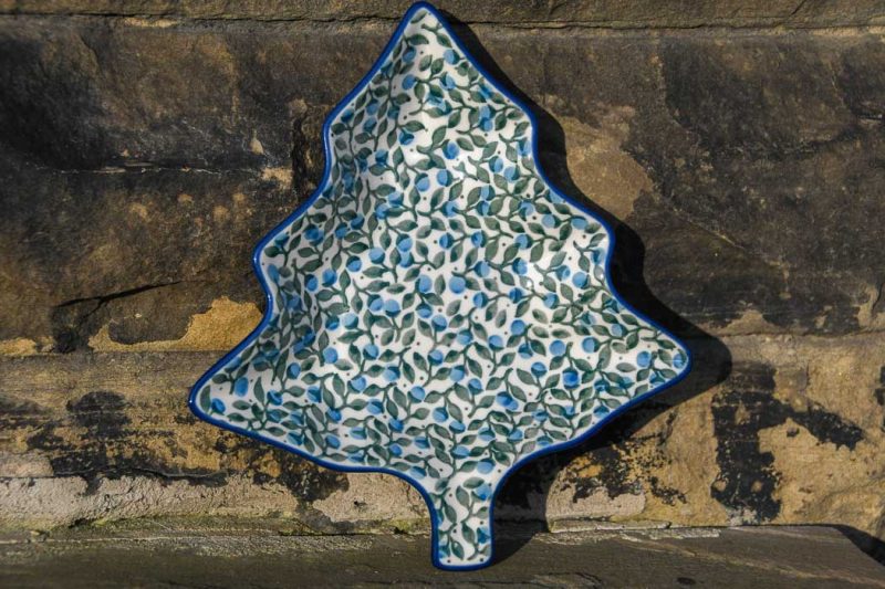 Polish Pottery Blue Berry Leaf pattern Tree shaped Dish by Ceramika Artystyczna.