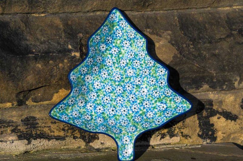 Polish Pottery Turquoise Daisy Tree Shape Dish