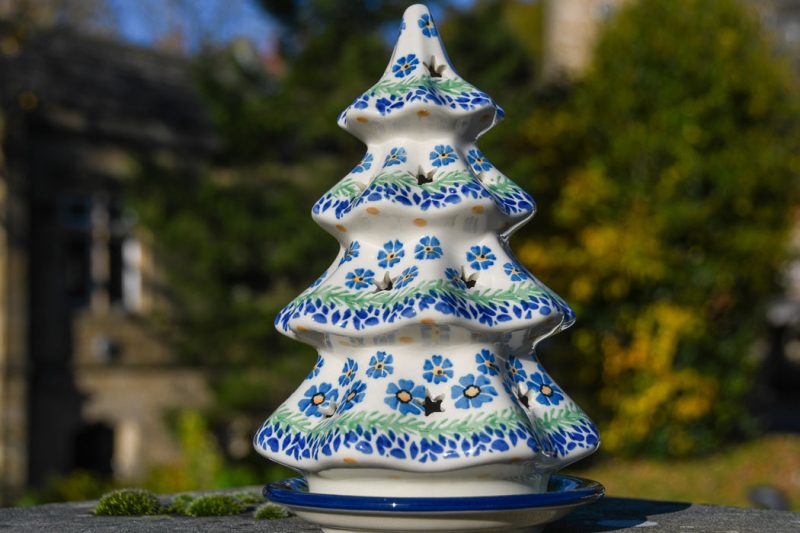 Polish Pottery Ceramic Christmas Tree Forget Me Not pattern.