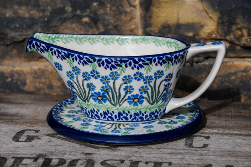 Polish Pottery Gravy Boat and Trivet Set Forget Me Not Pattern by Ceramika Artystyczna