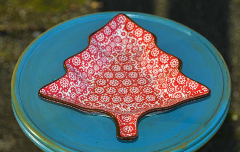 Polish Pottery Red pinwheel pattern Tree Shape Dish by Ceramika Artystyczna.