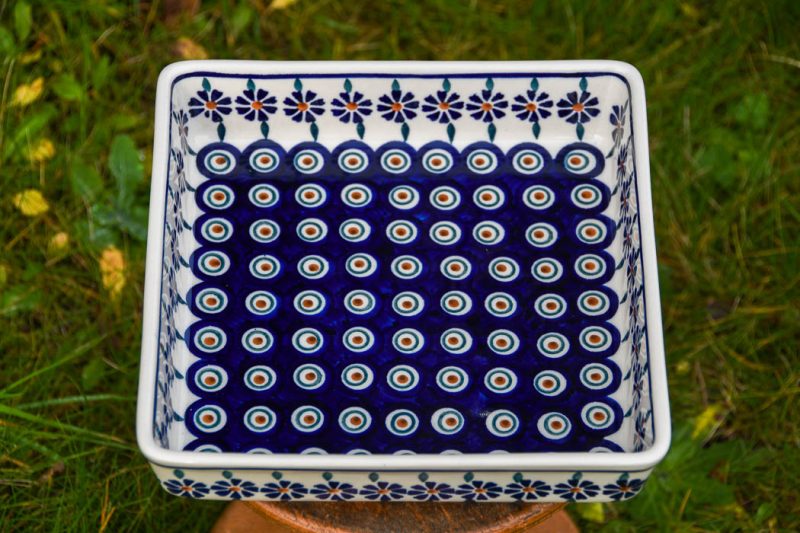 Polish Pottery Peacock Daisy Shallow Oven Dish by Ceramika Manufaktura.