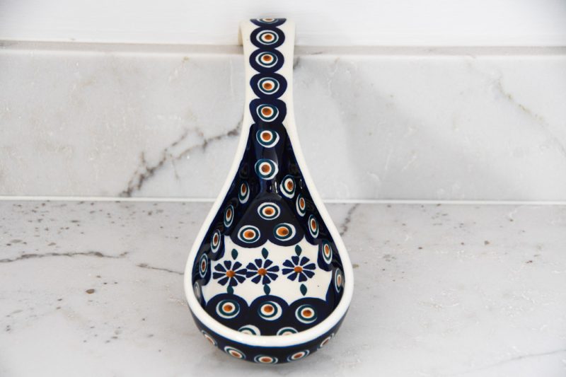 Polish Pottery Long Spoon Rest Peacock Daisy pattern by Ceramika Manufaktura.