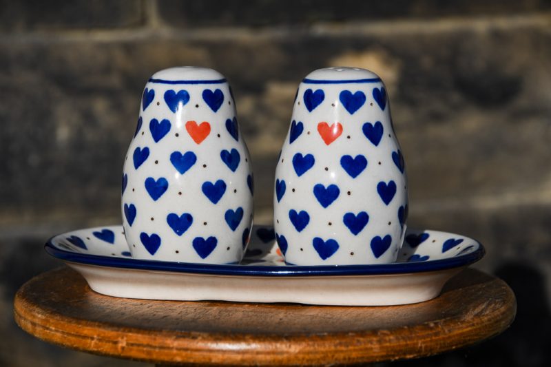 Polish Pottery Salt and Pepper set Red Heart pattern by Ceramika Artystyczna.